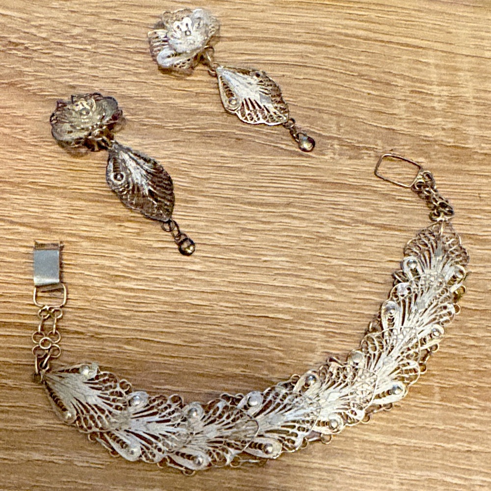 925 HS vintage filigree bracelet and earring set silversmith Hermann Siersbøl?